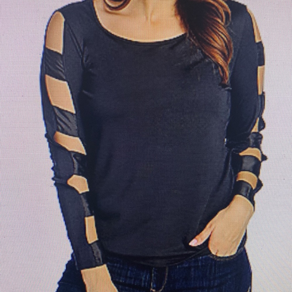 New pretty elegant stylish black top knit women satin detailing scoop neck top